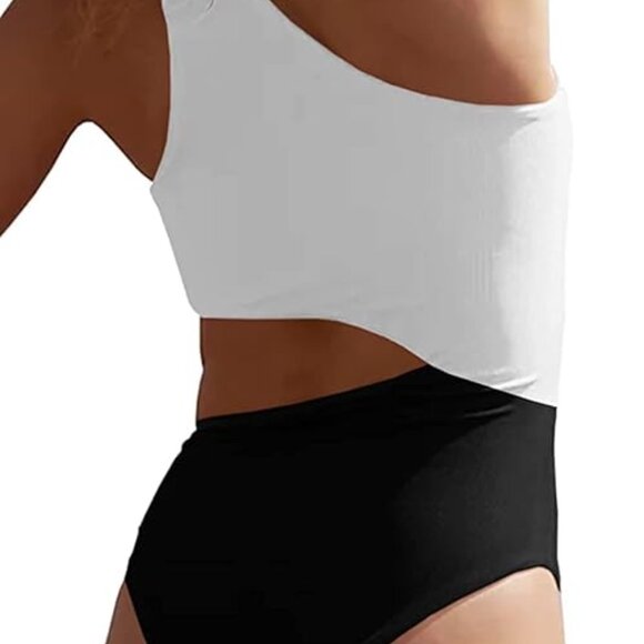 Women's One Piece Ribbed Swimsuit One Shoulder Cutout Swimwear Sexy Bathing Suit - Picture 4 of 4